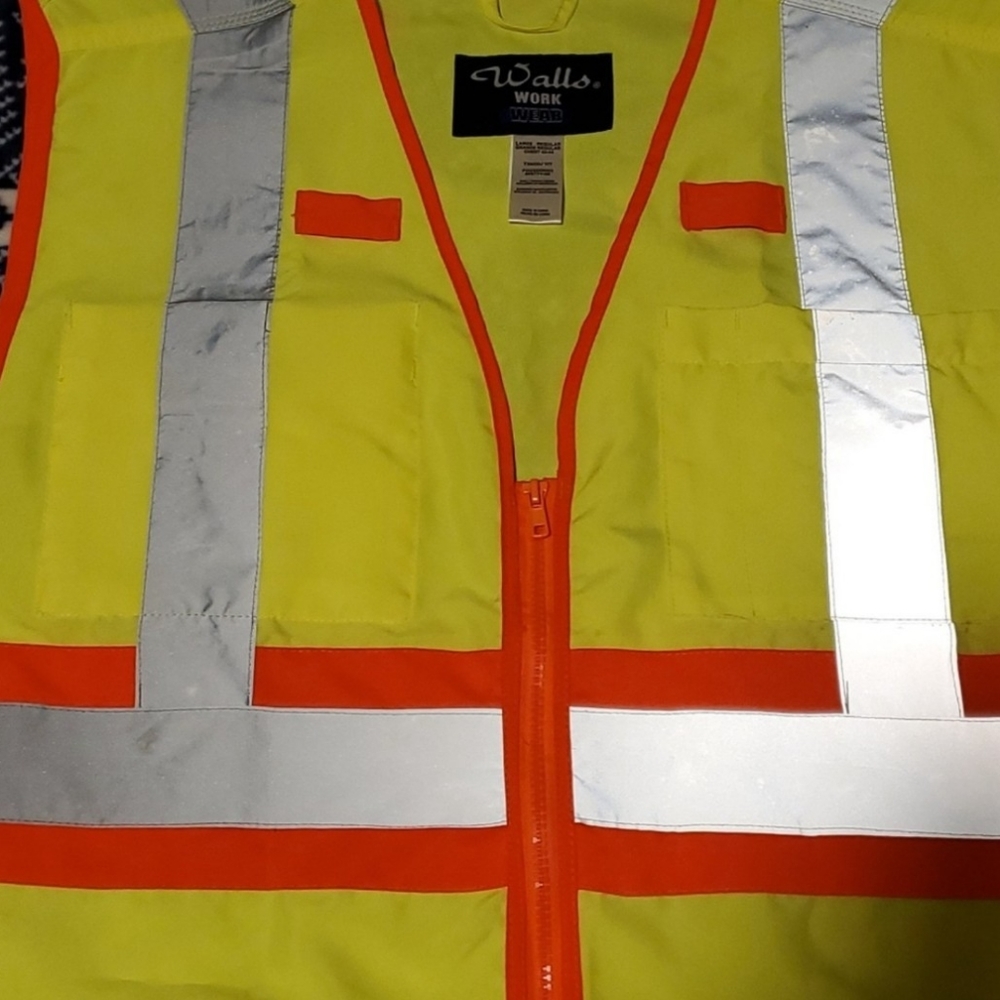 WALLS SAFETY VEST NEW SIZE IS LARGE YELLOW AND ORANGE GRAY REFLECTOR STRIPE